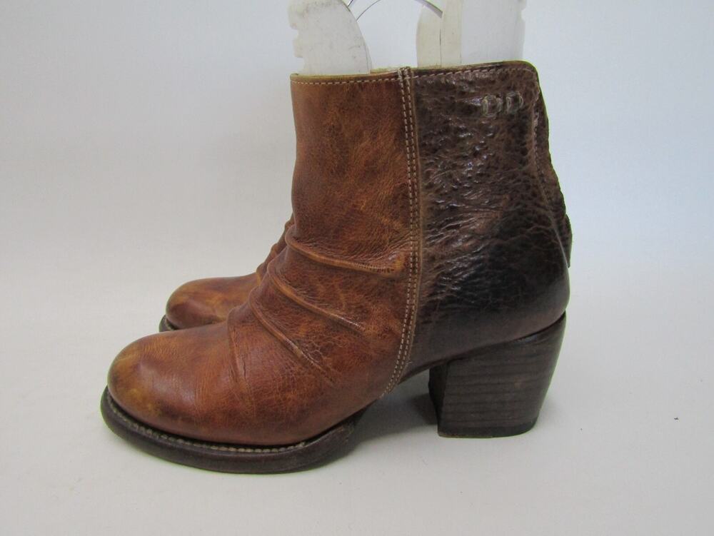 BED STU Womens Sz 7.5 M Distress Brown Leather Heeled Zip Slouch Ankle Boots